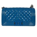 Chanel Blue Quilted Patent Leather Medium Boy Bag