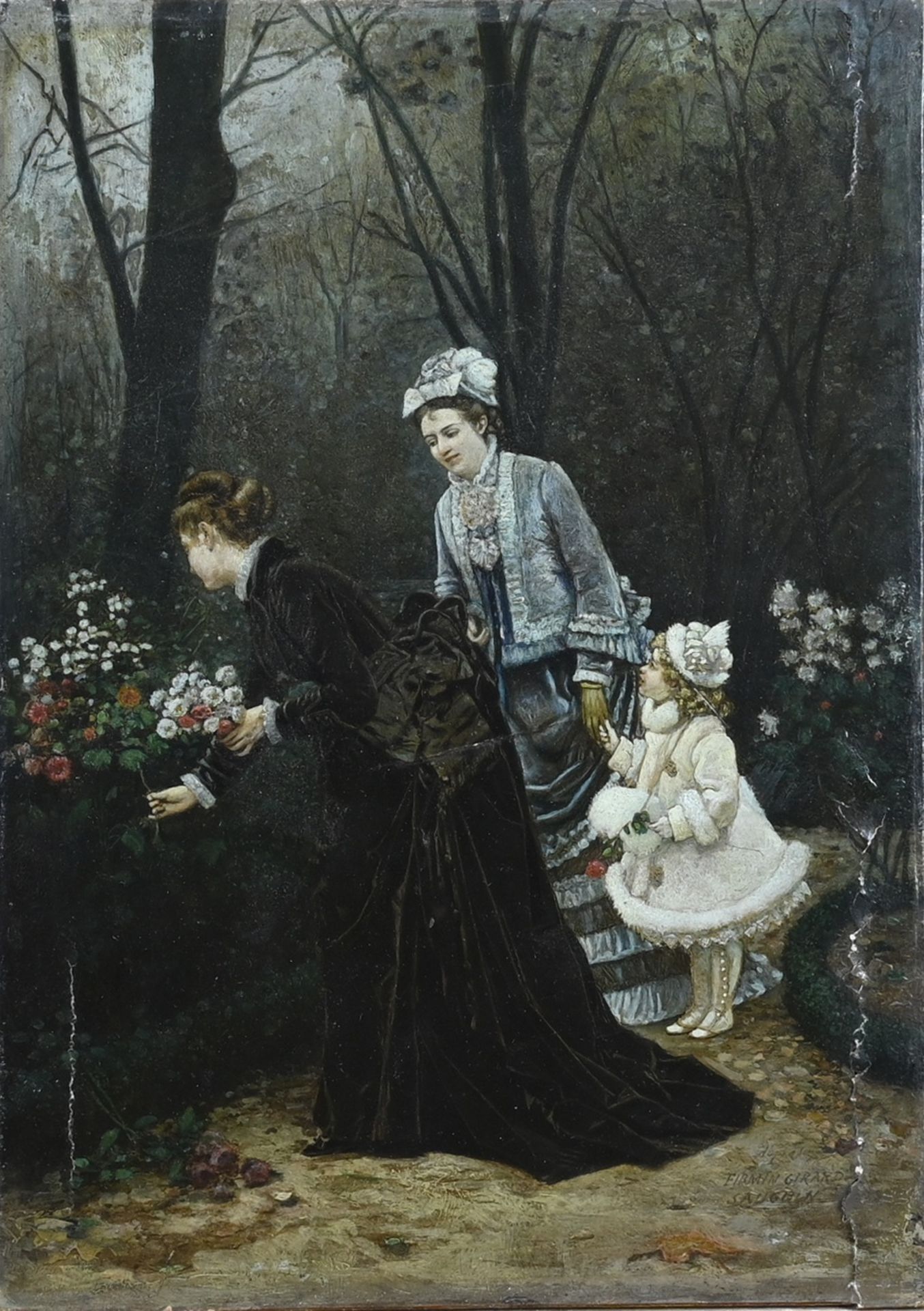 d'Apres Firmin Girard, Two ladies and a girl picking flowers in a garden