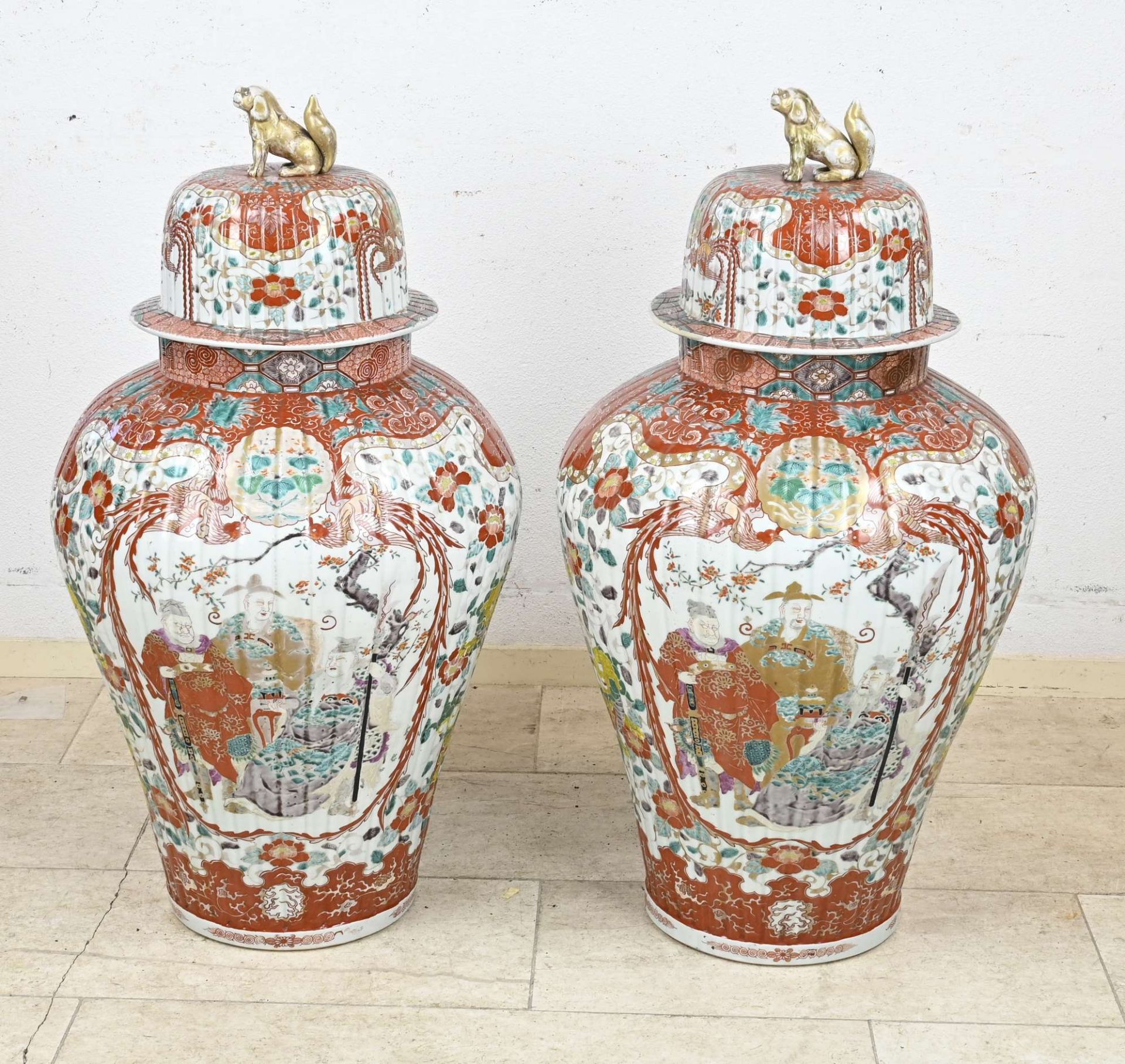 Two large Japanese lidded pots, H 92 x Ø 45 cm.