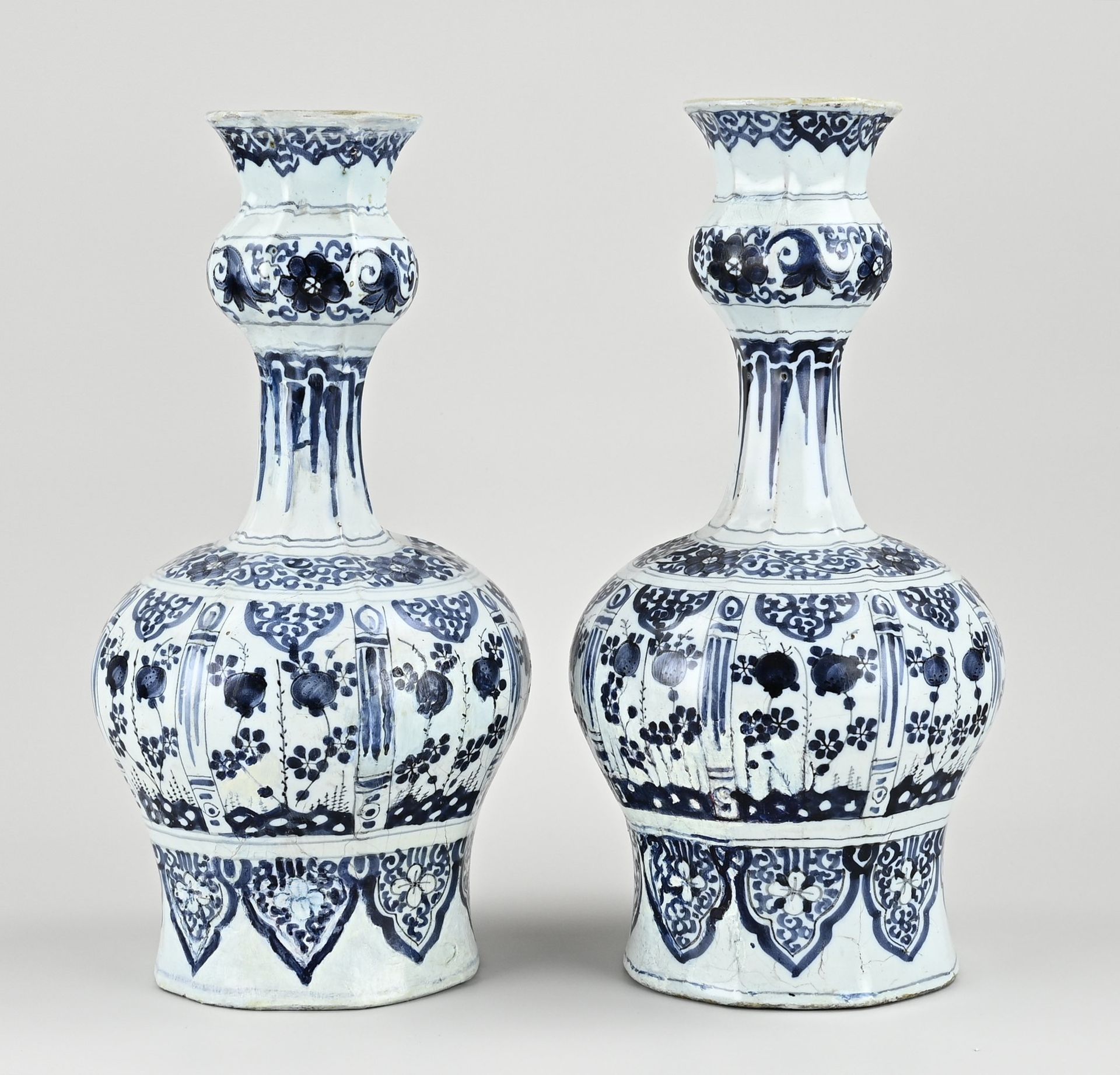 Two Delft knob vases, H 34.5 cm.