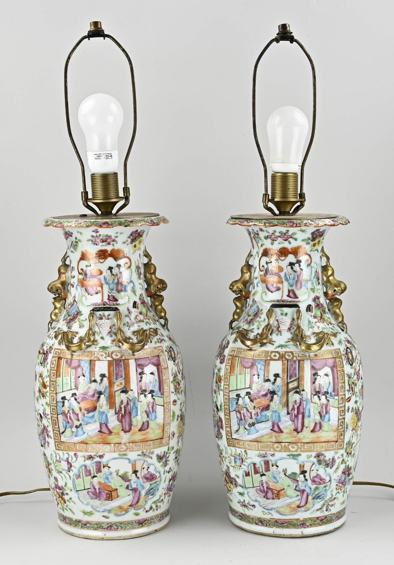 Two Chinese/Cantonese vase lamps, H 46 cm.