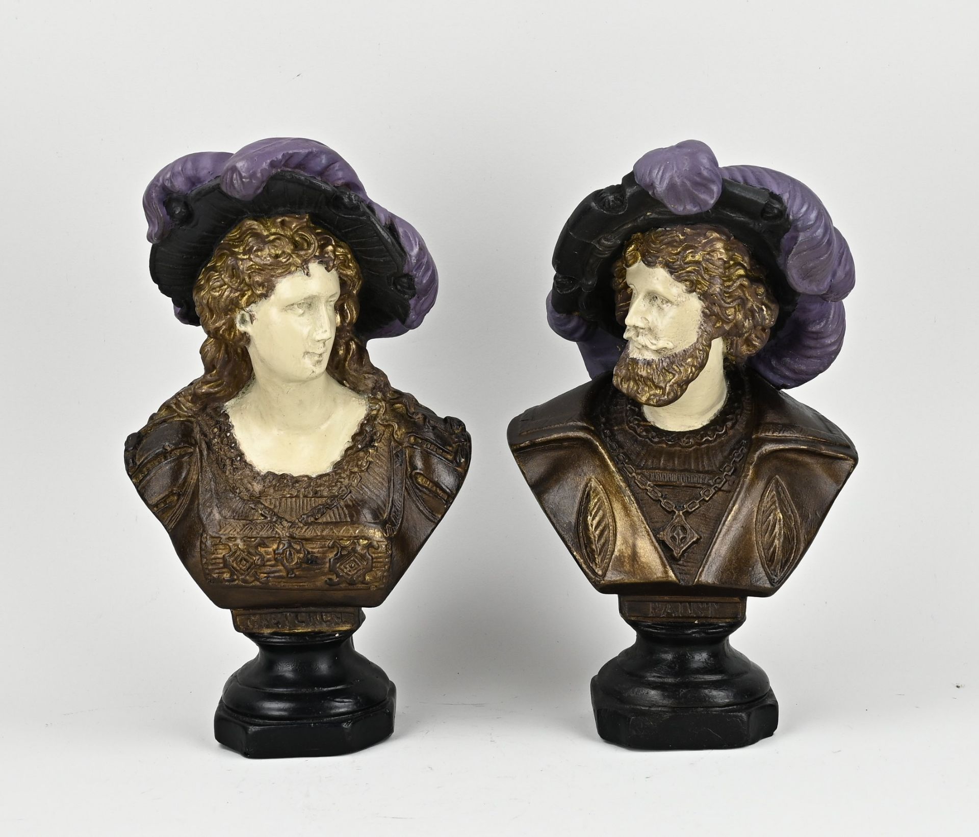 Two plaster busts, H 28 - 29 cm.