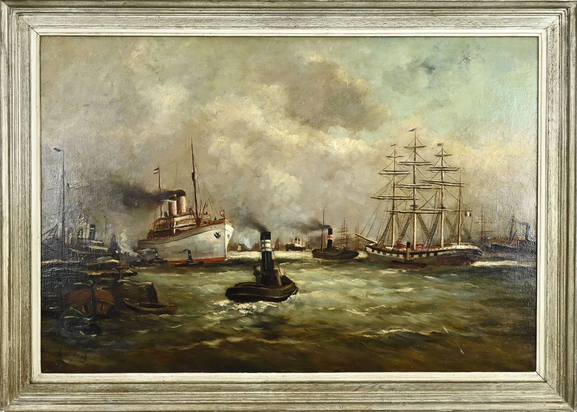 Unclear. signed, harbor view with ships