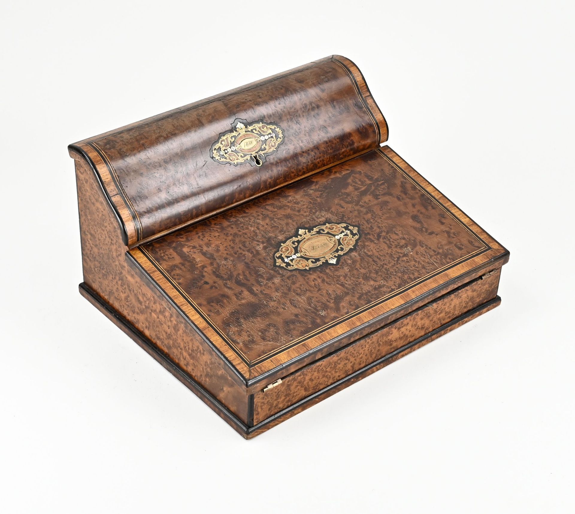 French burl walnut writing box, 1880