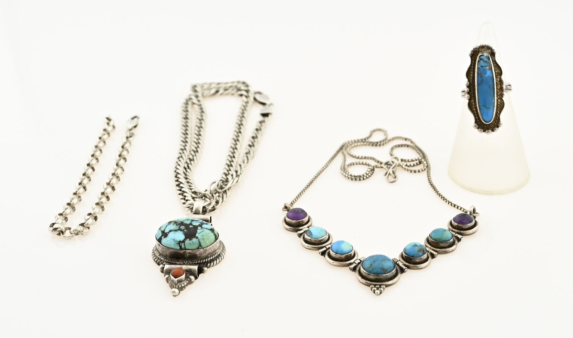 Set of silver jewelry, 4 pieces, turquoise