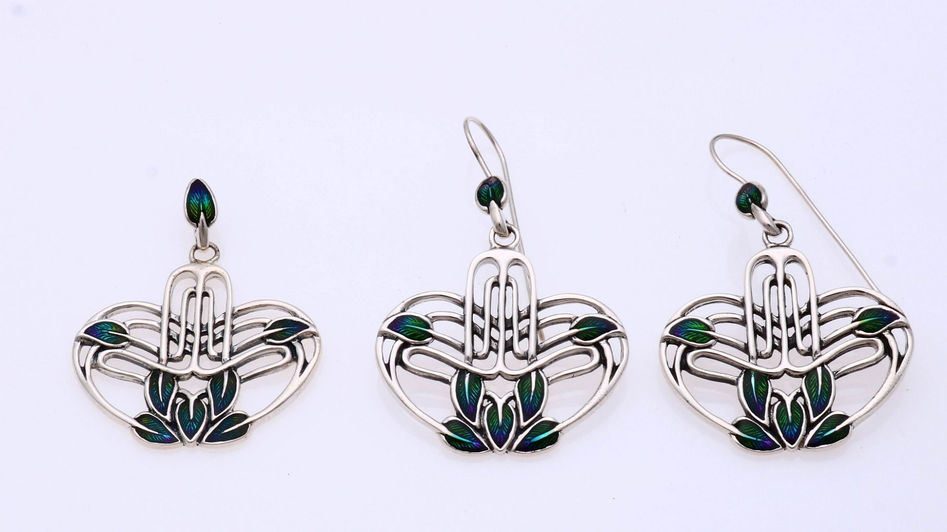 Silver pendant and ear studs, Art Deco