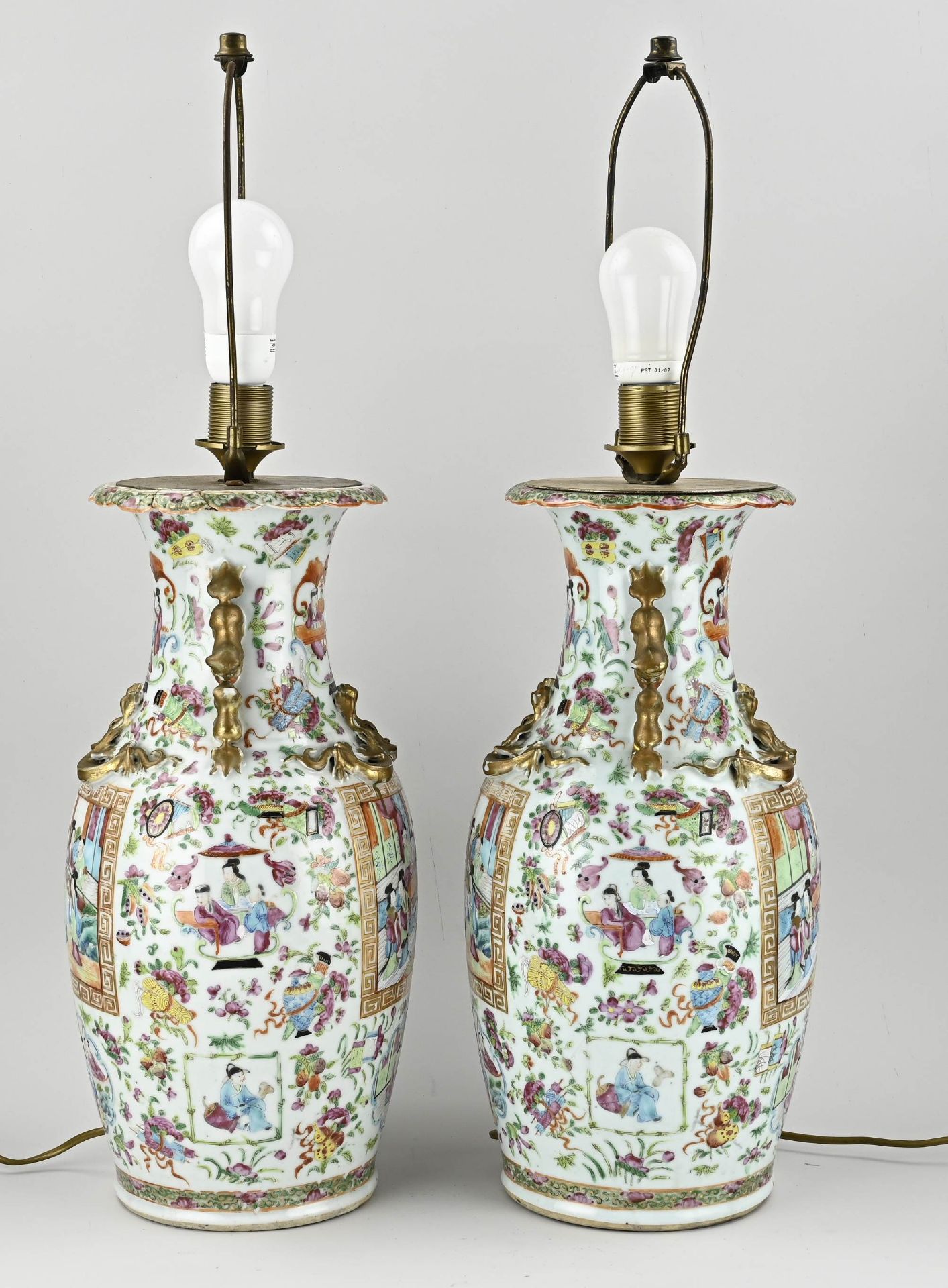 Two Chinese/Cantonese vase lamps, H 46 cm. - Image 2 of 3