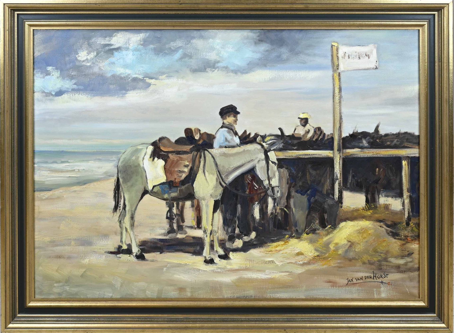 Jan vd Horst, Beach Scene with Figure and Donkeys