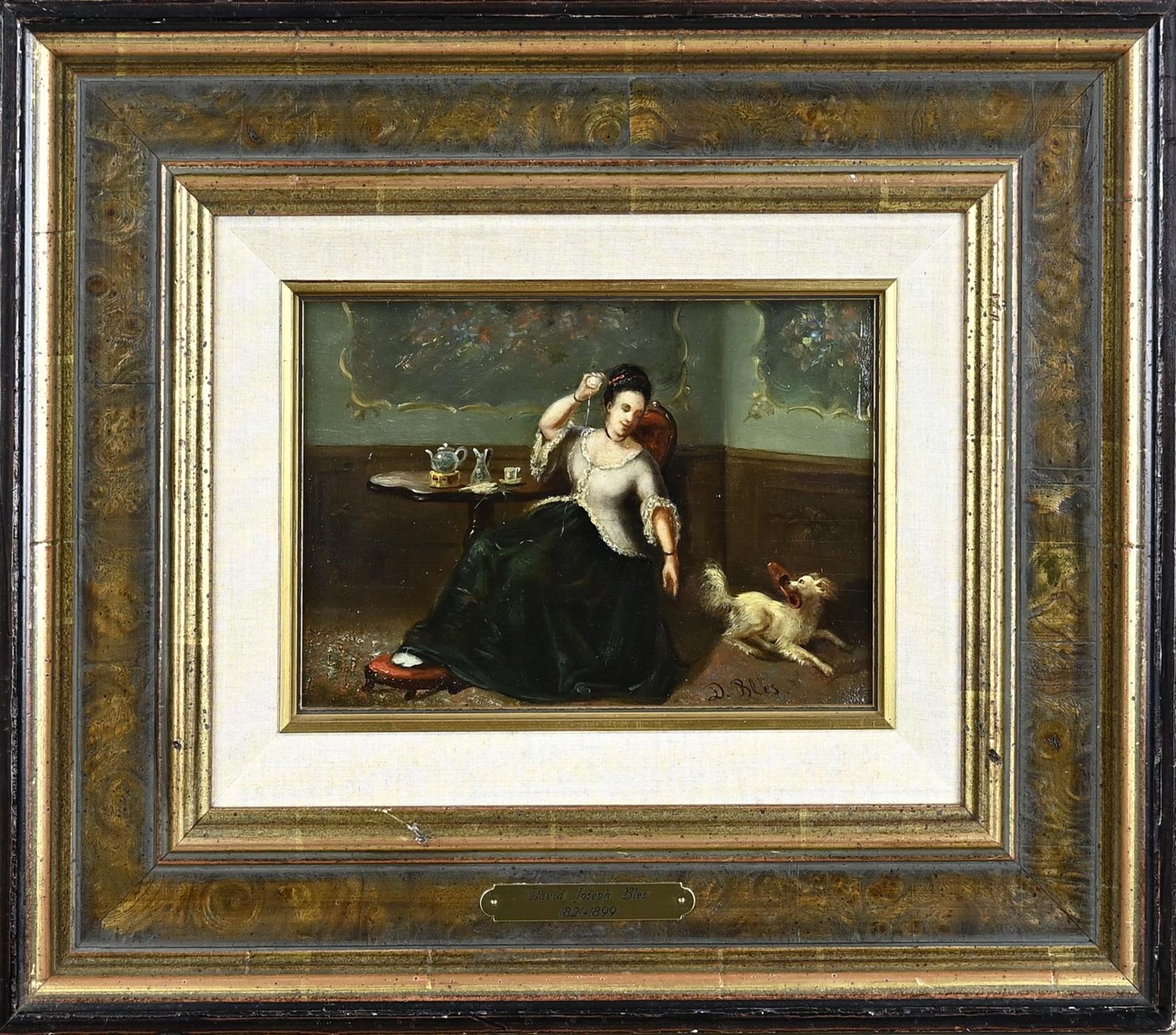 David Bles, Lady with Ball of Wool and Dog Stealing a Slipper
