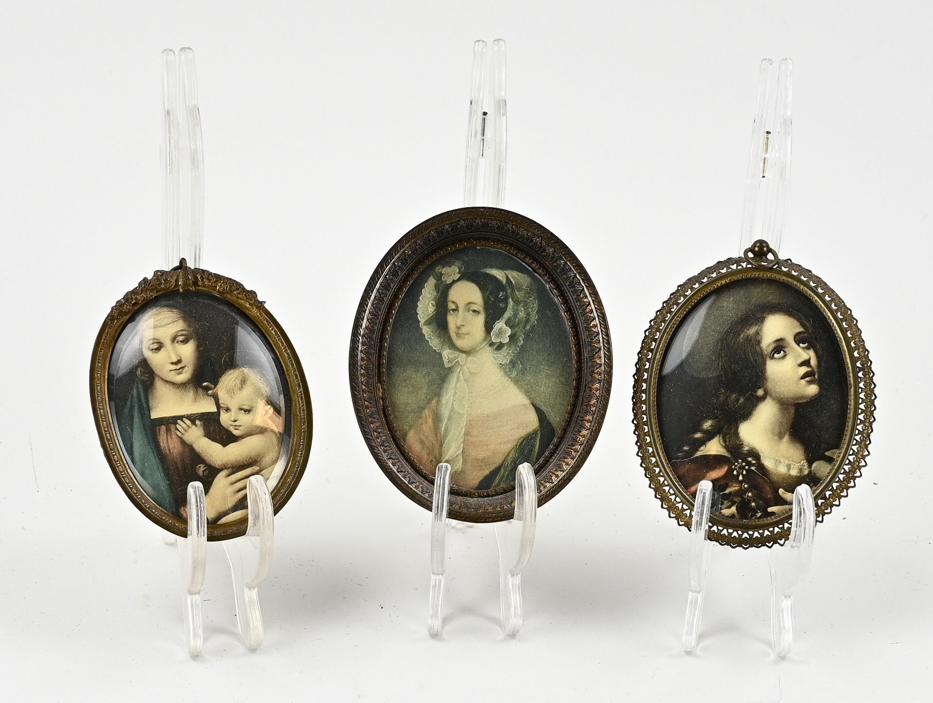 3x Brass miniature frames with reproduction