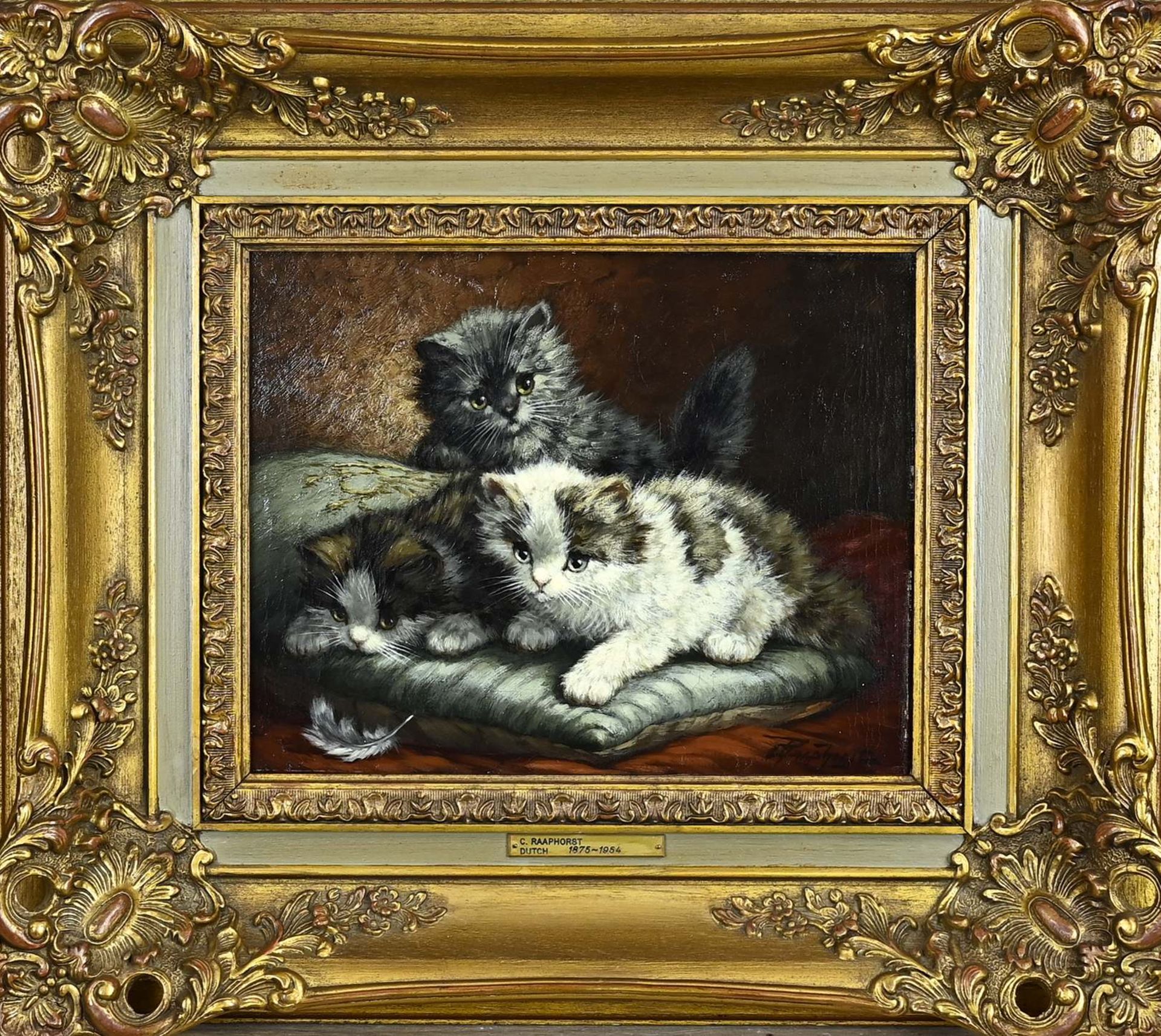 C. Raaphorst, Three kittens with a feather