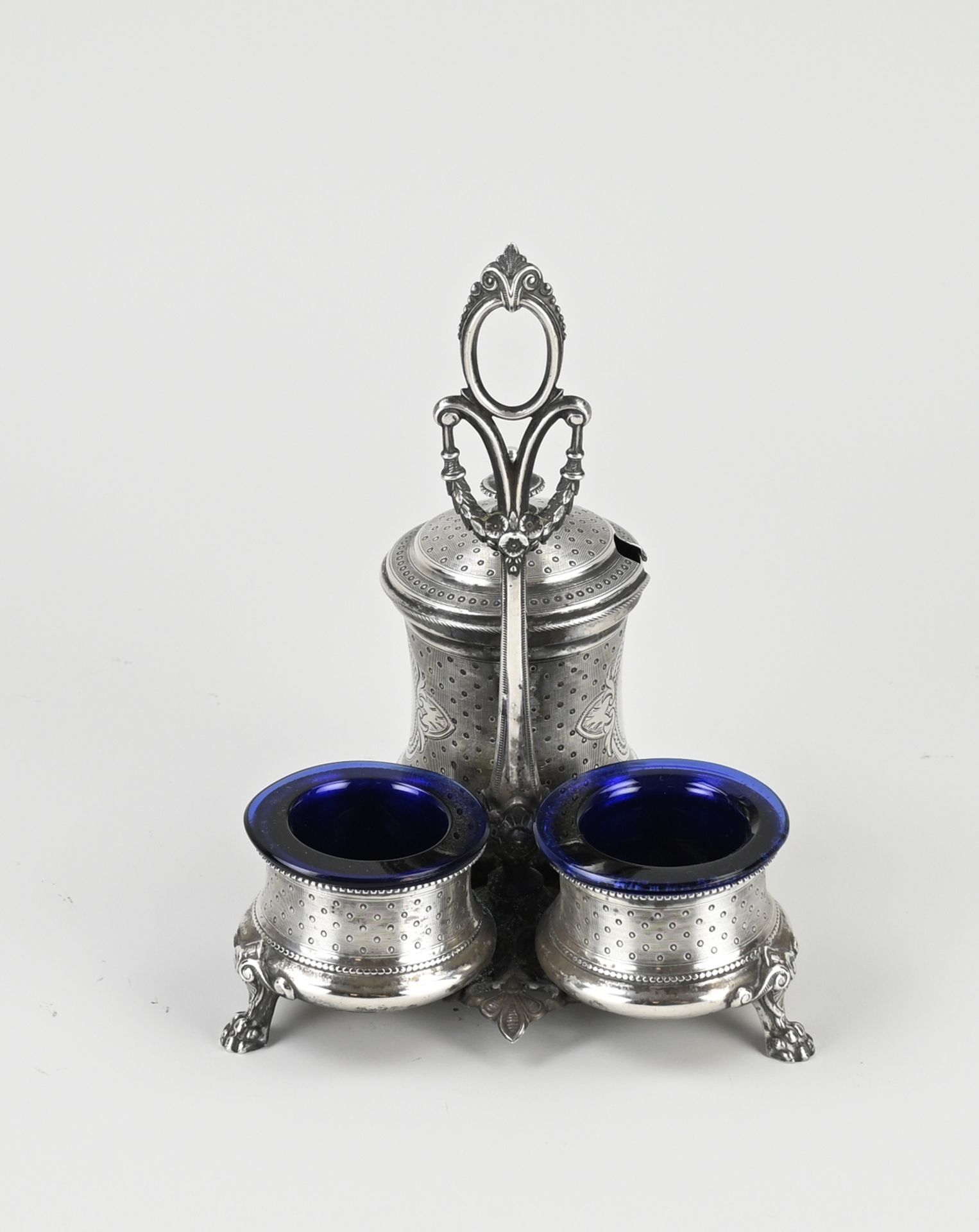 Silver spice set with blue glass