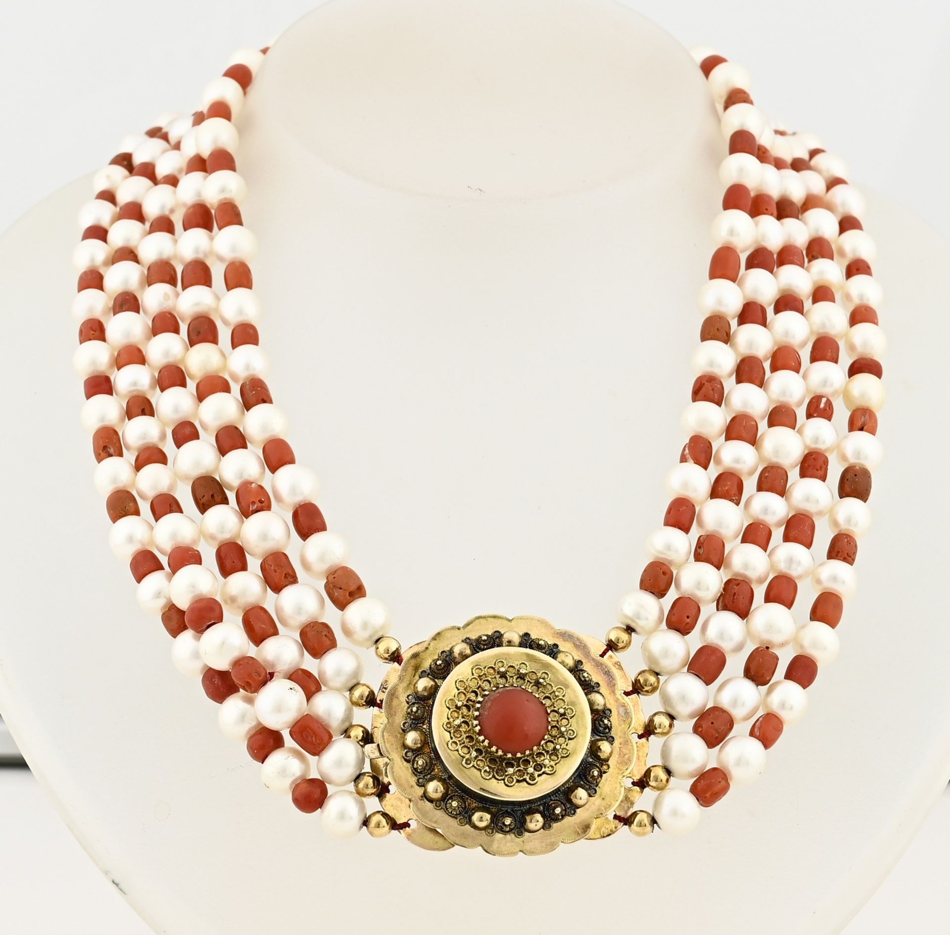 Necklace of red coral and pearl with gold regional clasp