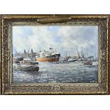 Signed indistinctly, harbor view with ships