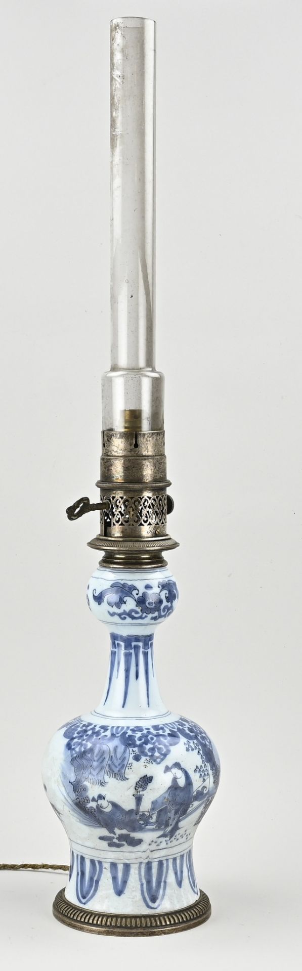 Antique Delft oil lamp with knob vase, H 77 cm.