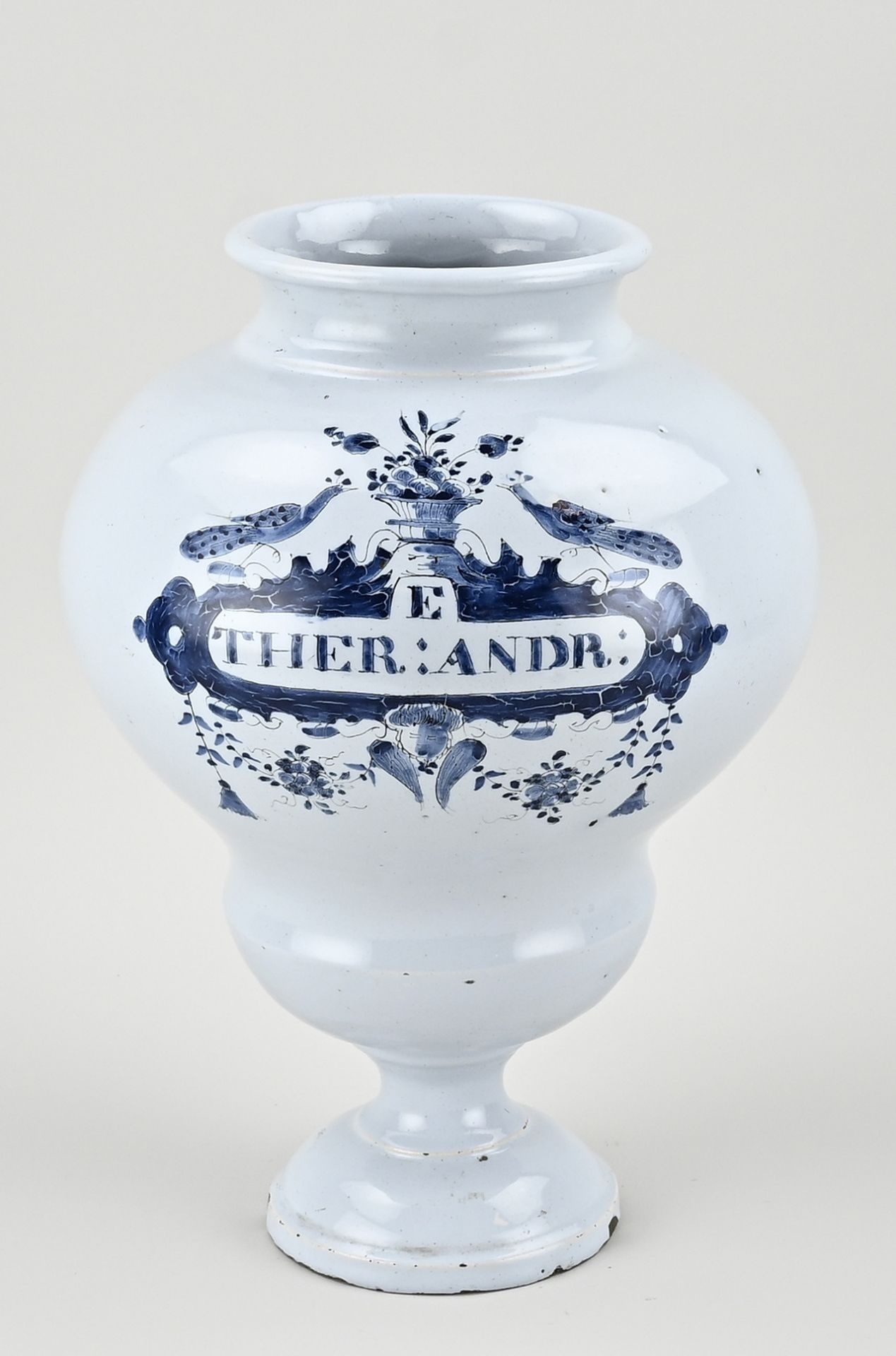 Delft apothecary jar, H 31.5 cm.
