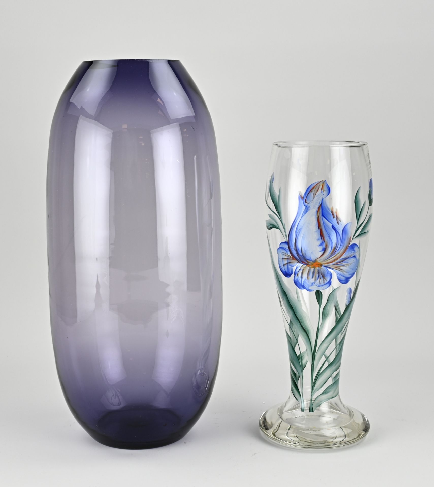 Two glass vases, H 31 - 40 cm.