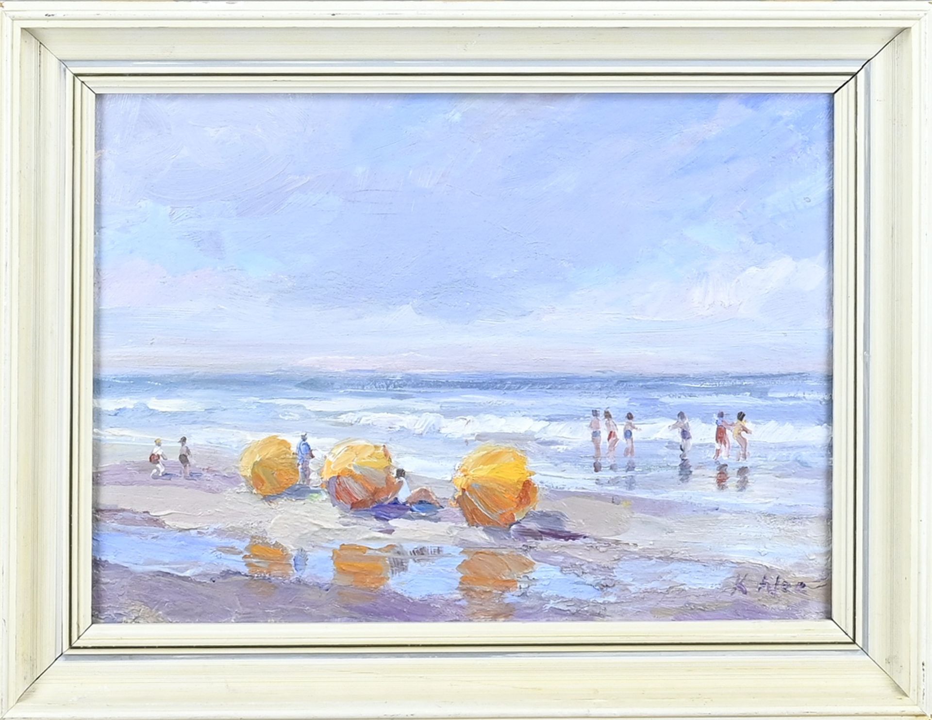 K. Alee, Beachscape with parasols and figures in the surf