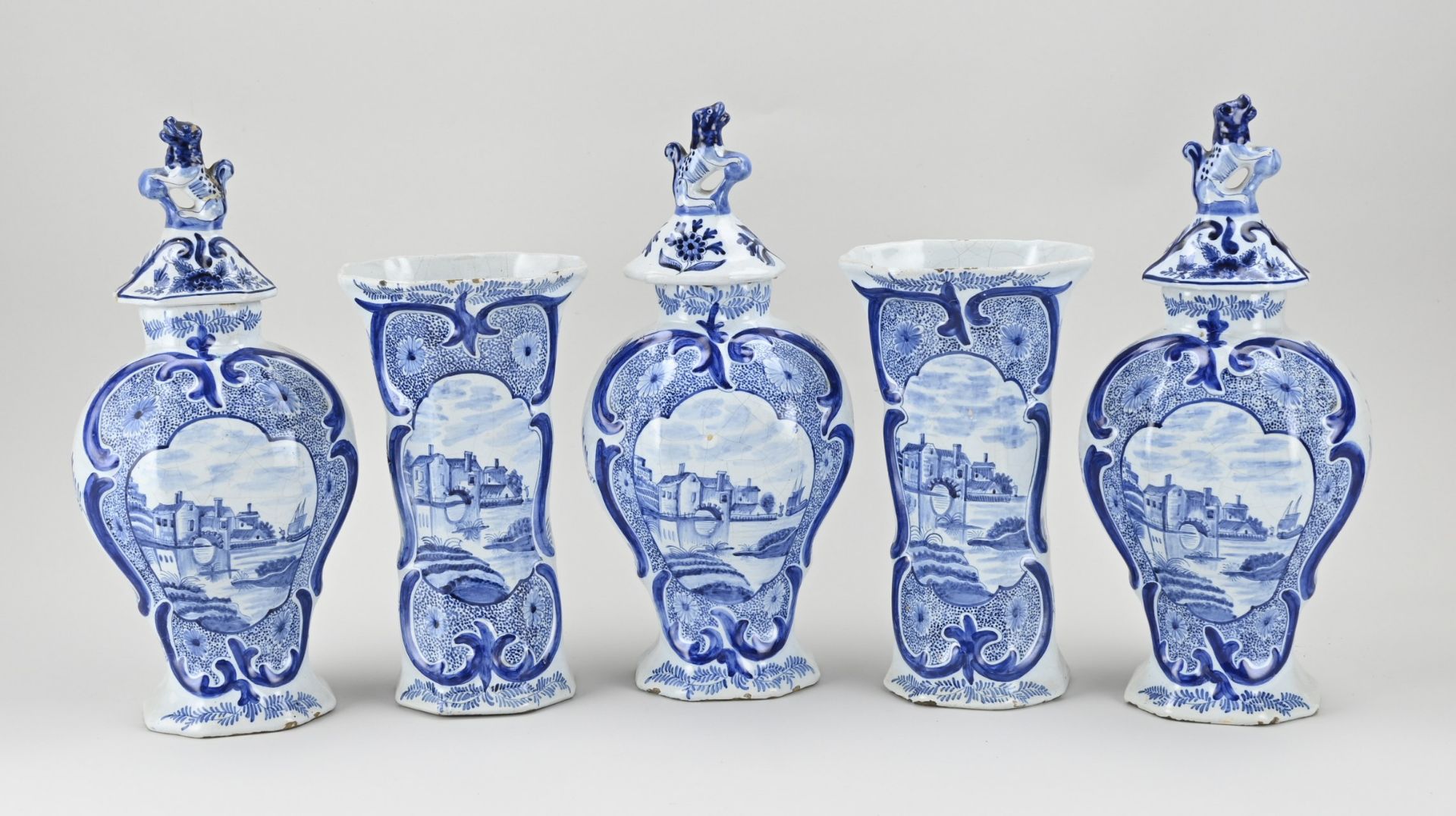 Five piece Delft cabinet set, 1880