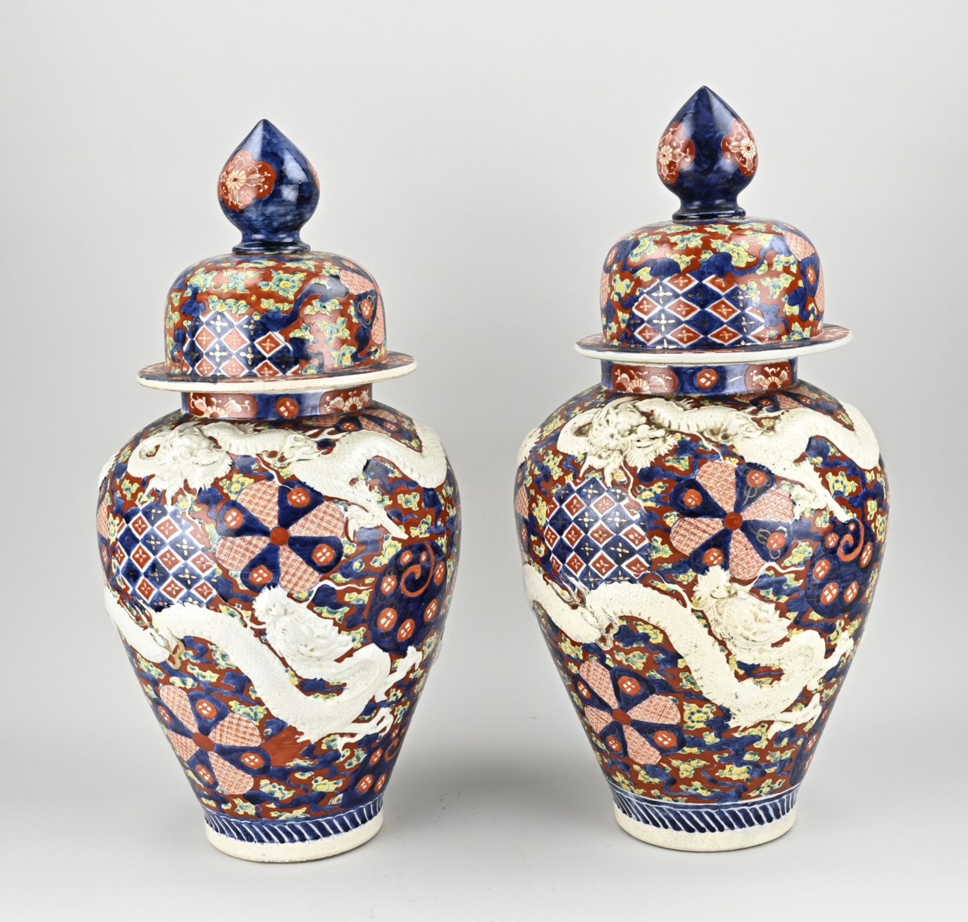 Two Japanese Imari lidded vases, H 52 cm.