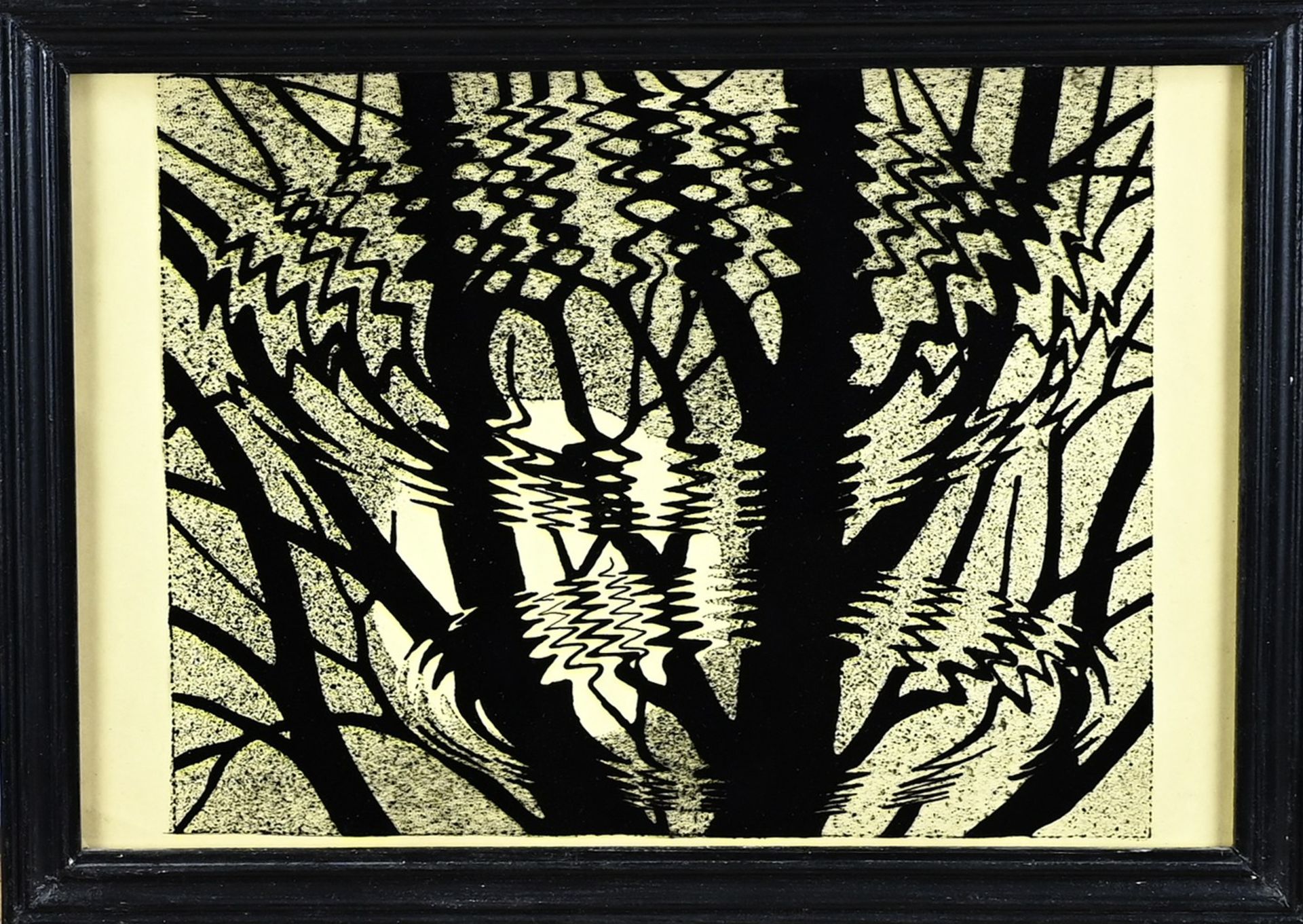 In the style of MC Escher, Reflection of trees in water