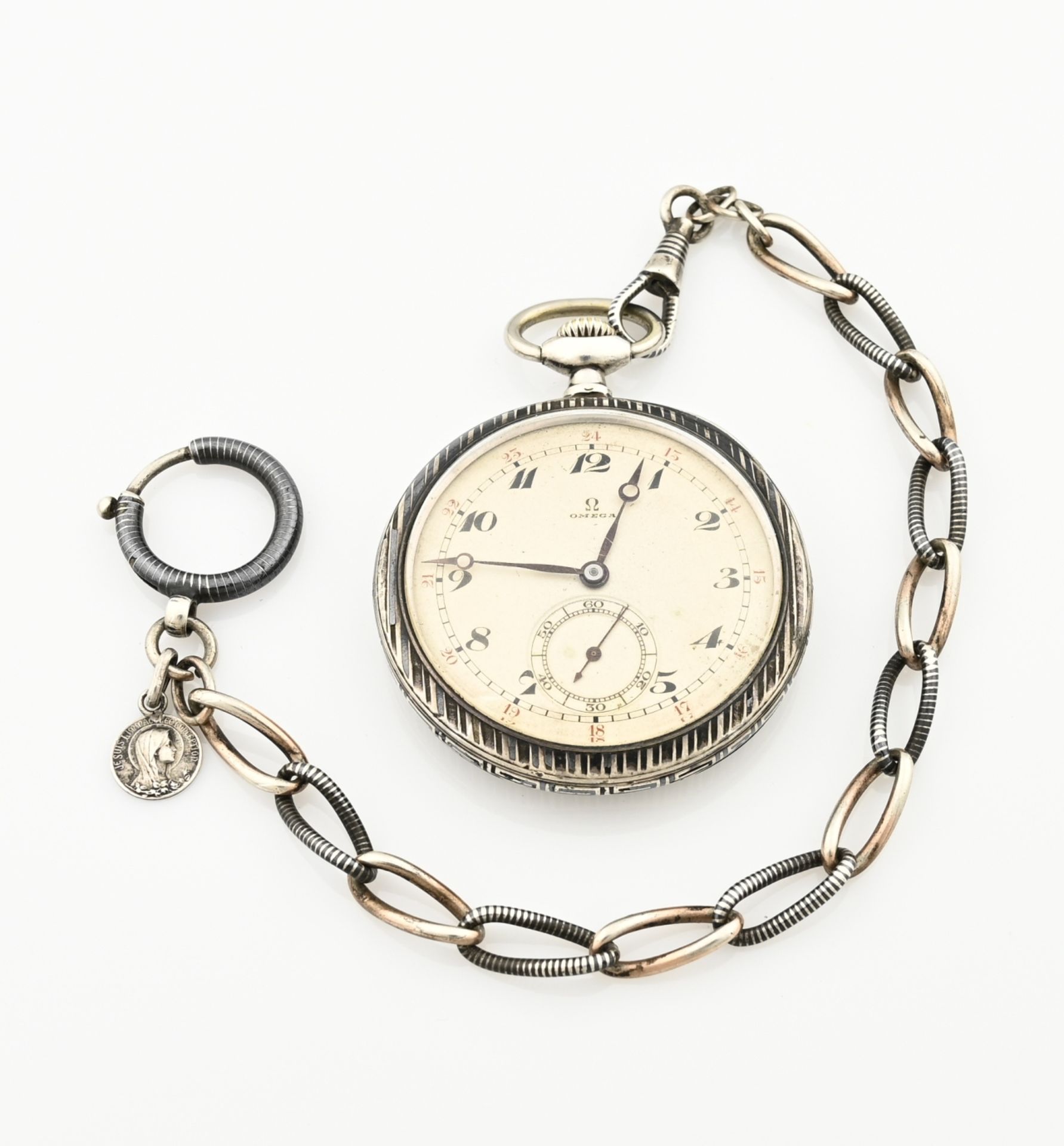 Silver Omega pocket watch with chain