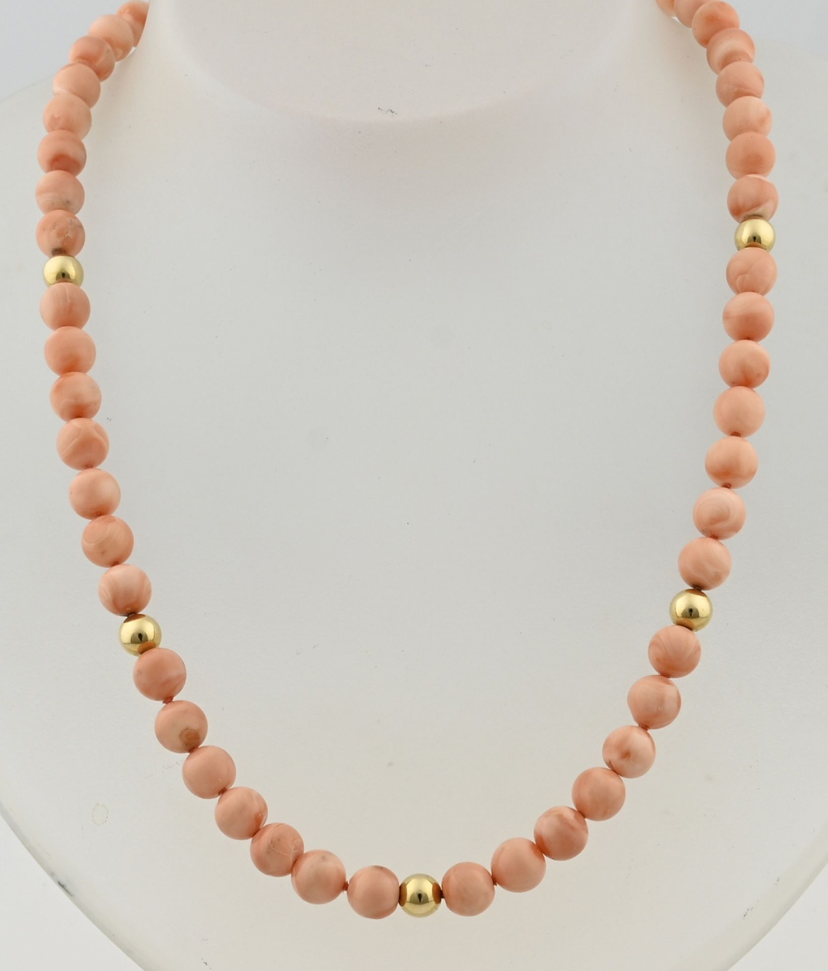 Necklace of angel skin coral with gold