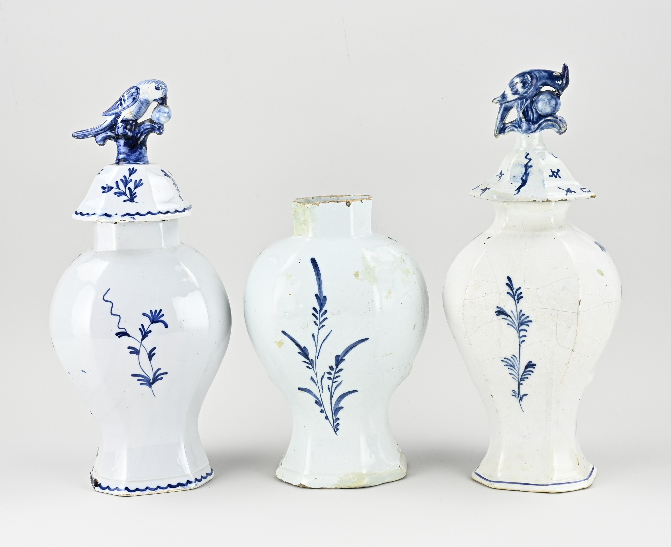 Three 18th century Delft vases, H 26 - 38 cm. - Image 3 of 3