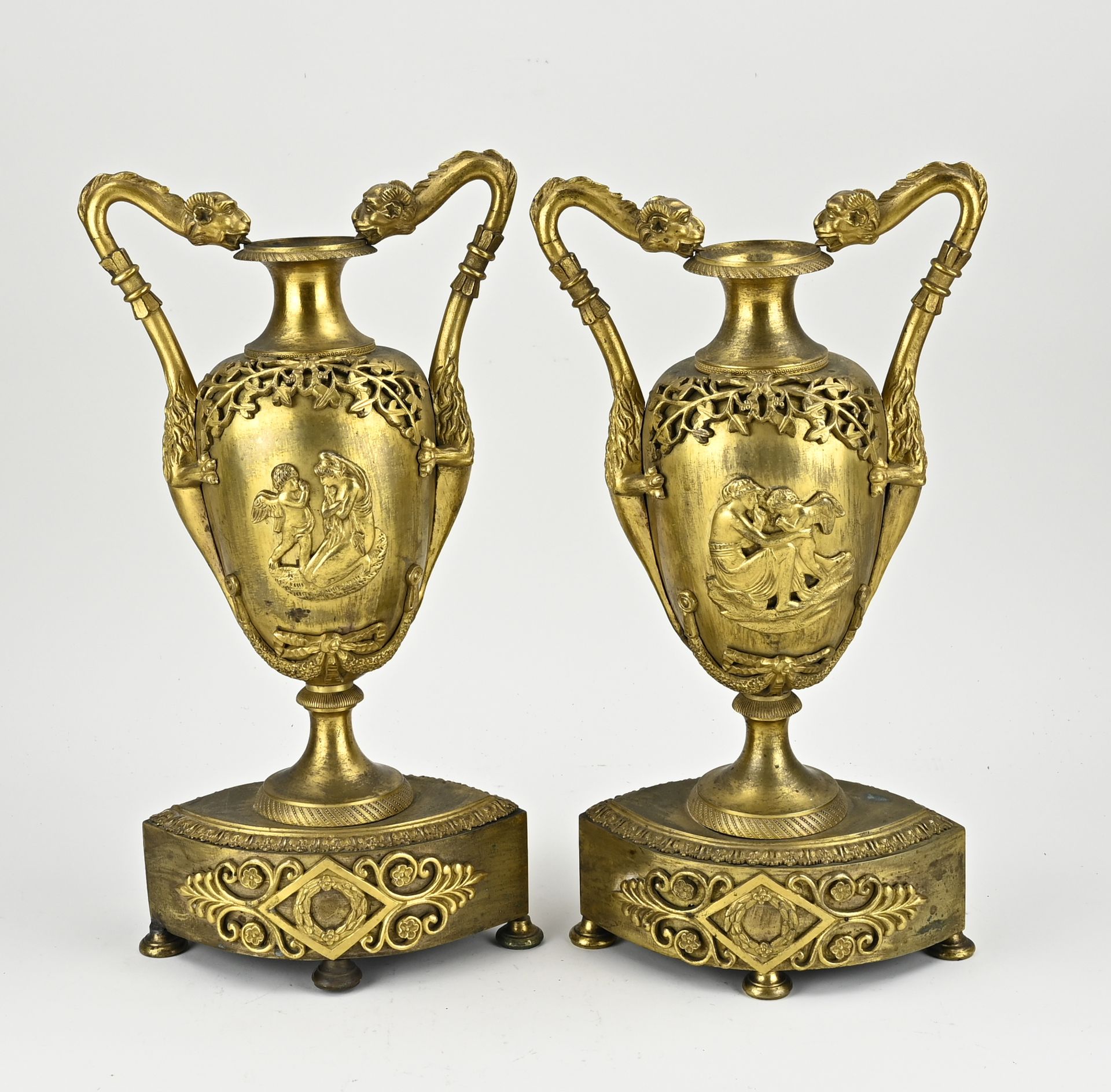 Two fire-gilt ear vases, H 35 cm.