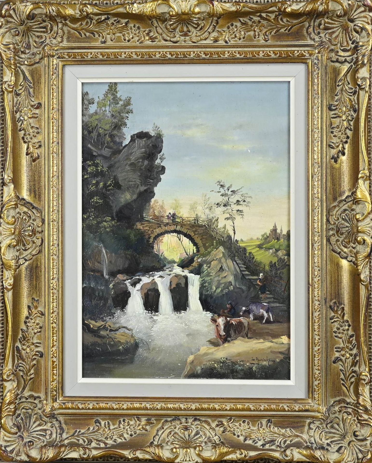 J. Heininck, Rock with waterfall and figures