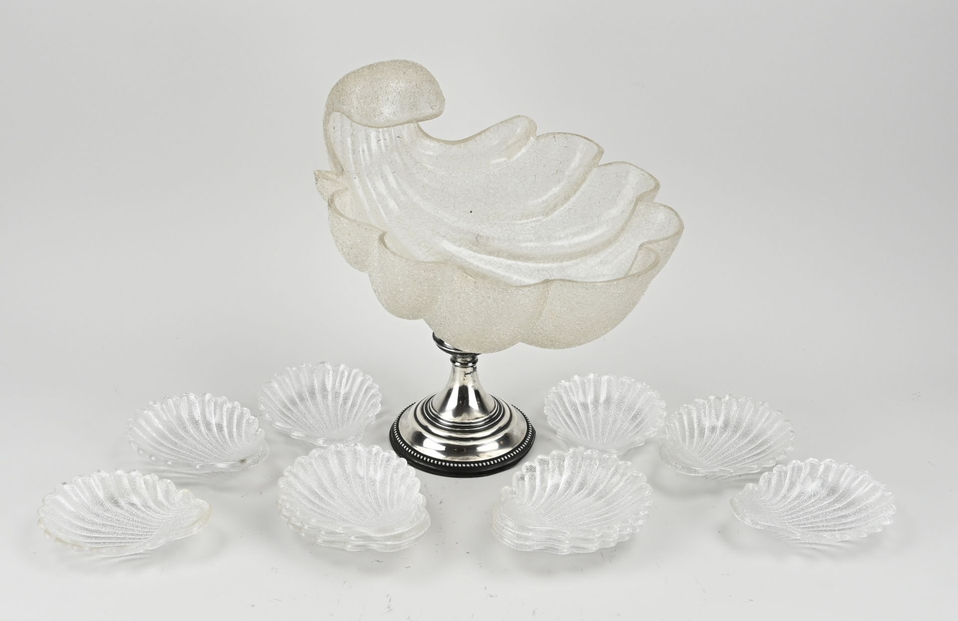 Crystal shell dish on silver foot