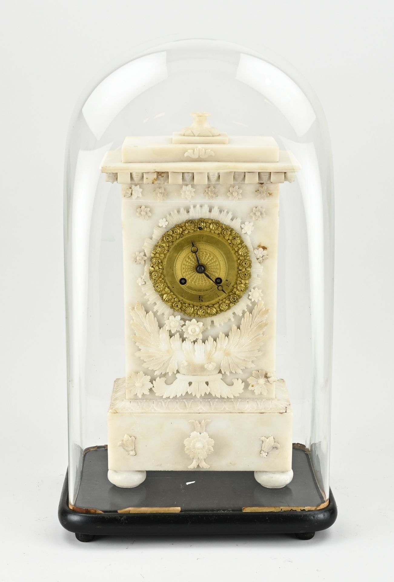 French mantel clock under bell jar, 1830