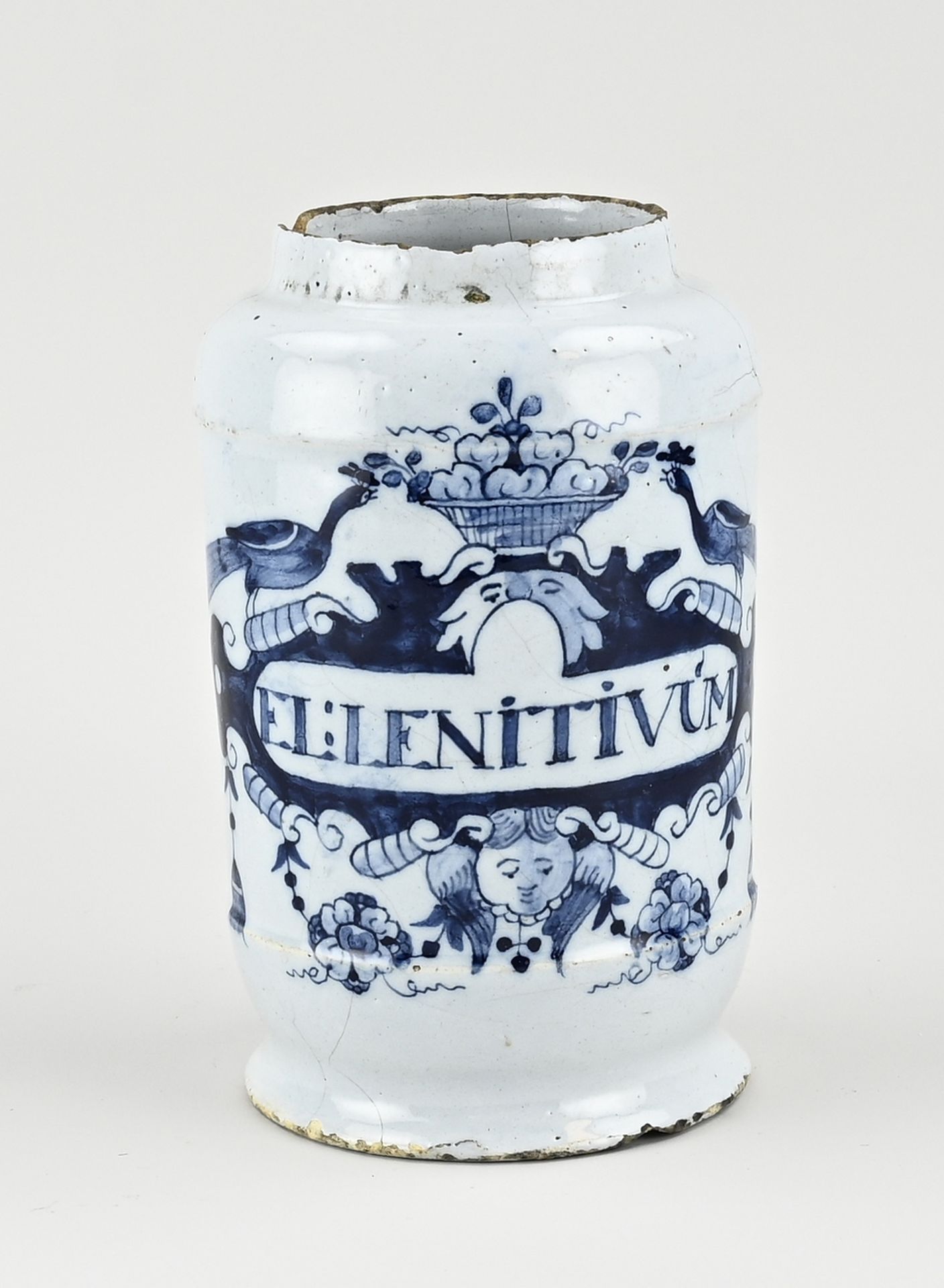 Delft apothecary jar, H 18.5 cm.