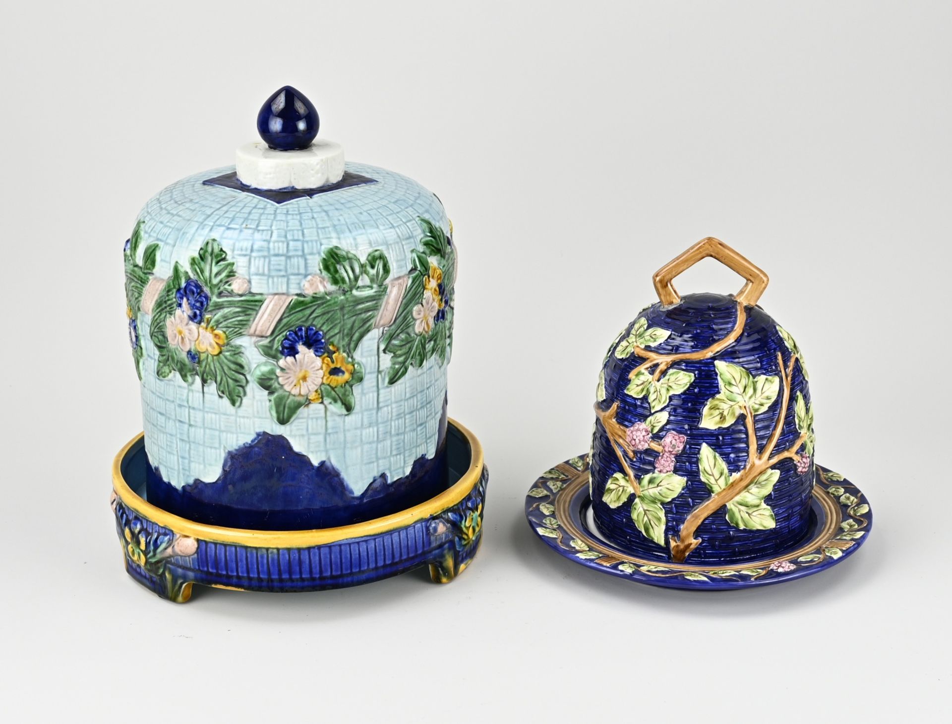 Two majolica cloches + saucer
