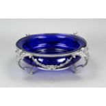 Silver jardiniere with blue glass