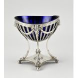 Silver sugar bowl with blue glass