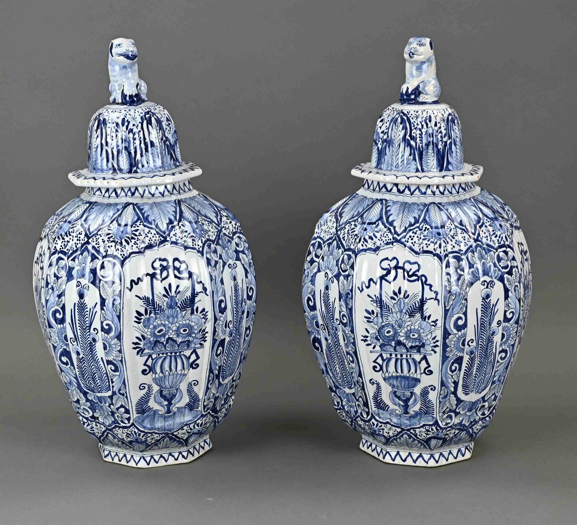 Set of antique Delft lidded jars, H 48 cm.