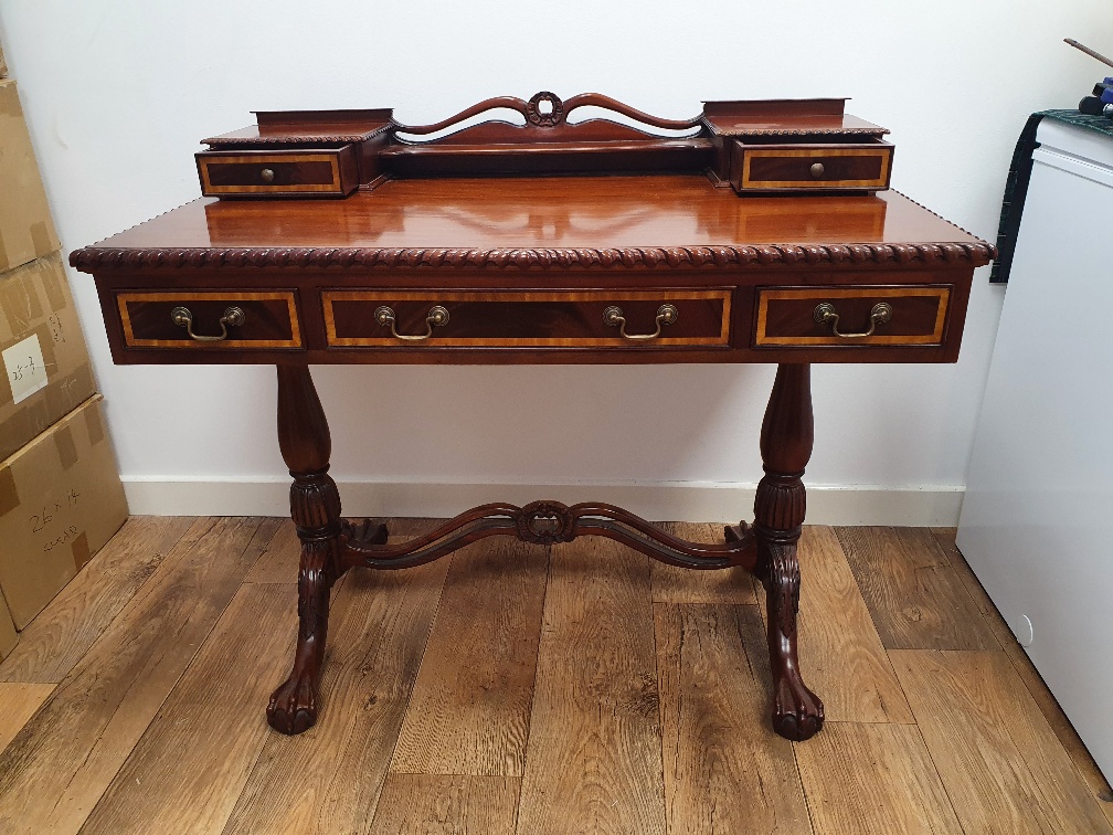 Victorian Style Mahogany 5 Drawer Hall Desk with Pie Crust Edging and Ball and Claw Feet.