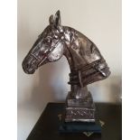 Modern Portrait Head of a Horse with Silver and Bronze Patination on wooden stand. 50cm tall.