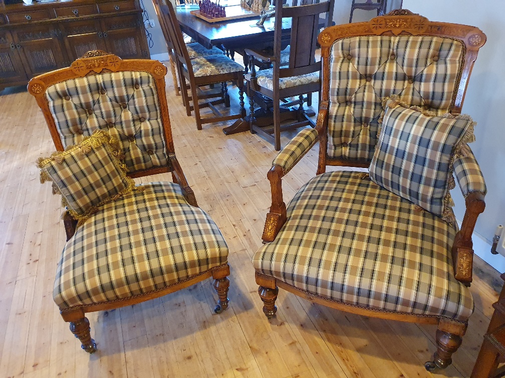 Victorian King and Queen Walnut Armchairs with check upholstery and inlay