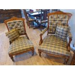Victorian King and Queen Walnut Armchairs with check upholstery and inlay