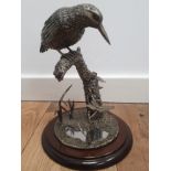 Metal Sculpture of a Kingfisher on a Branch, signed M Mills on base. Stands 11 inches in height.