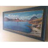 John Watling Signed and Large Framed Acrylic on Canvas of The Cuillins, Skye. 119cm x 49cm.