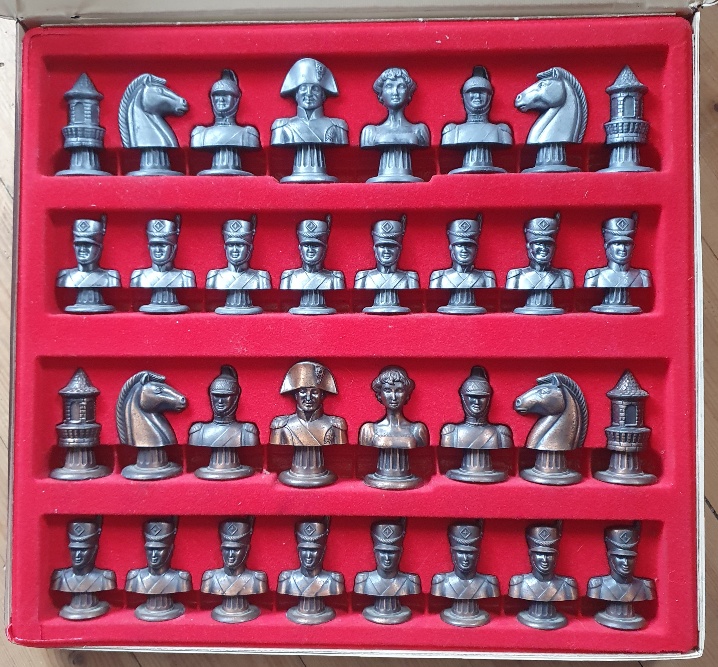 Ajedrez Napoleonic Metal Large Chess Set, in original box, complete