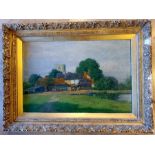 Featherstone Robson (1880-1936) Pastoral Scene in oil, gilt plaster frame (deteriorating). Size is