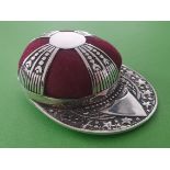 Sterling Silver Jockey Cap Pin Cushion with Red Velvet Cushion. FREE MAINLAND UK POSTAGE