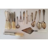 A quantity of silver plate fish cutlery (10 pieces), spoons, servers etc plus some stainless steel