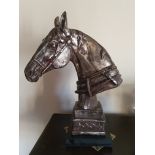 Modern Statue of the Head of a Horse with Silver and Bronze Patination on wooden stand. 50cm tall.