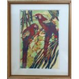 Framed and Glazed Linocut of Macaws measuring 15 inches x 13 inches