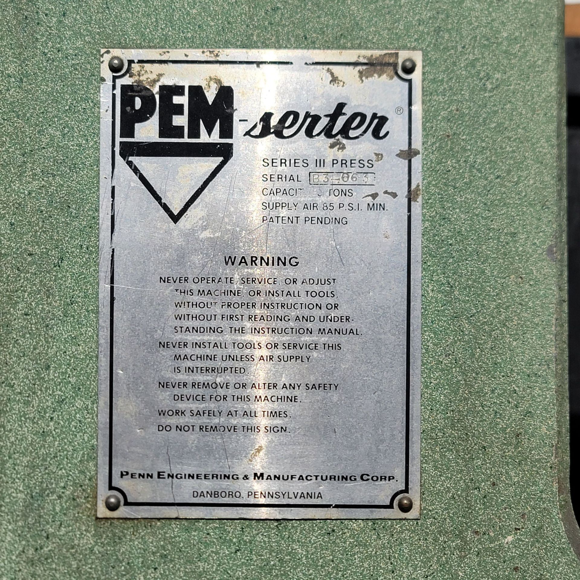 PEM-SERTER SERIES III INSERTION PRESS, CAPACITY: 3-TONS, S/N B3-063, OUT OF SERVICE/NEEDS WORK - Image 3 of 4